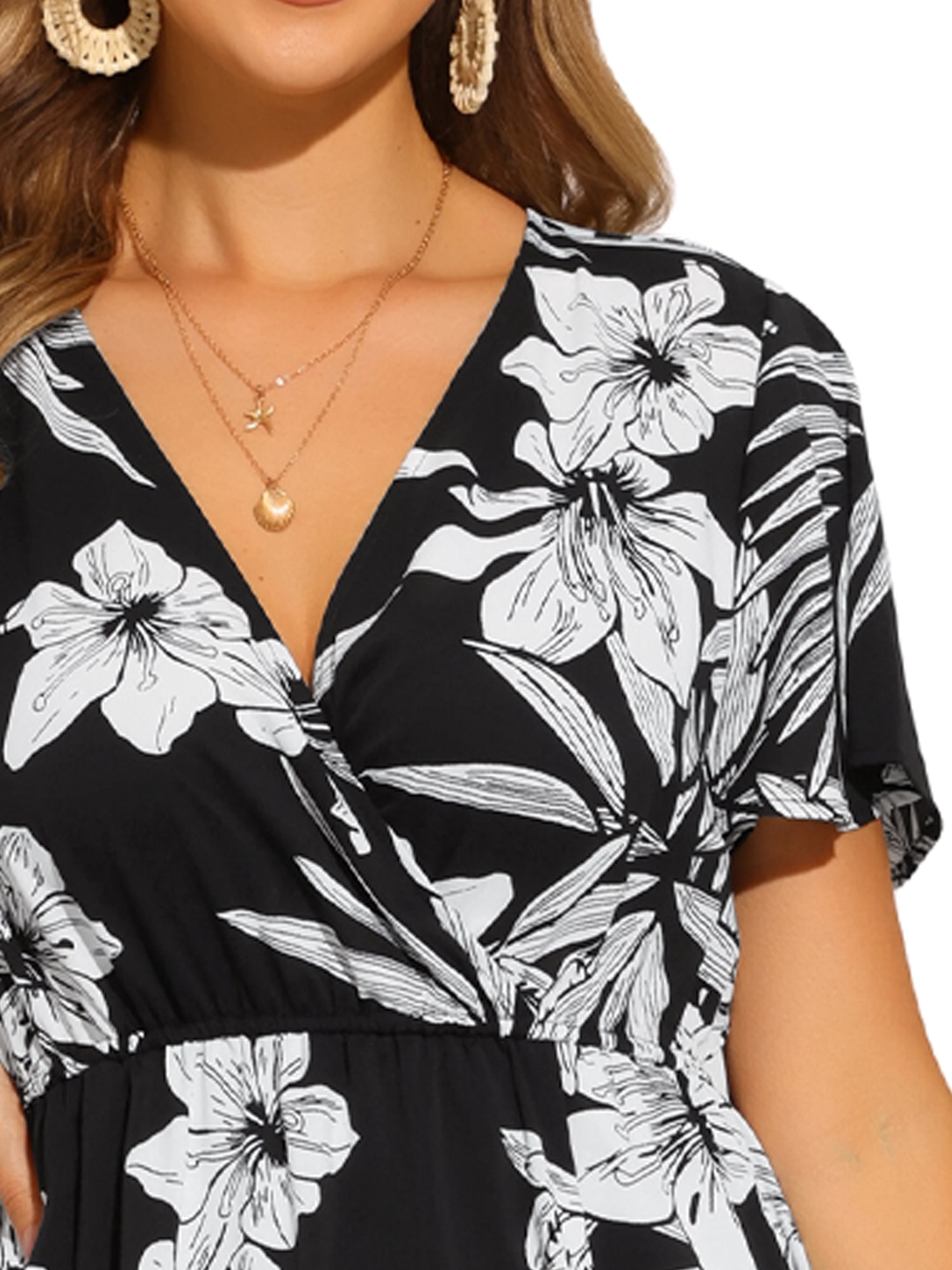 DARING DIVA Short Sleeve Tropical Slit Wrap V Neck Maxi Floral Dress XS Black