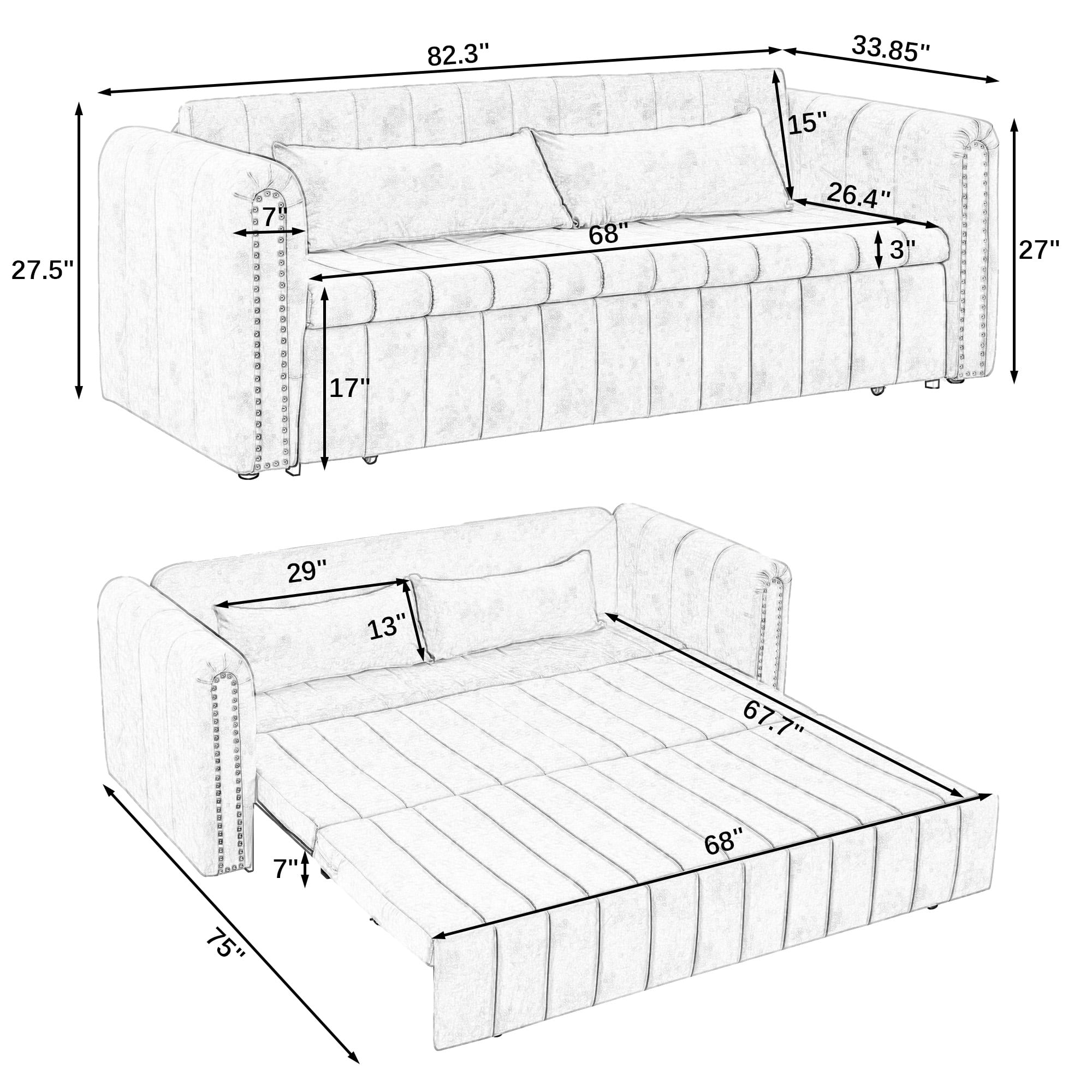 Aukfa 82" Pull Out Couch, Convertible 3 In 1 Sleeper Sofa Bed with Two Drawers, 3 Seater Sofa, Orange