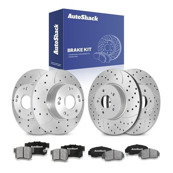 AutoShack Front Vented & Rear Solid Drilled & Slotted Silver Zinc Coated Brake Rotors   Ceramic Pads 12-PC Brake Kit Replacement for 2008-2011 Acura CSX 2006 Acura CSX SilverShield Pro