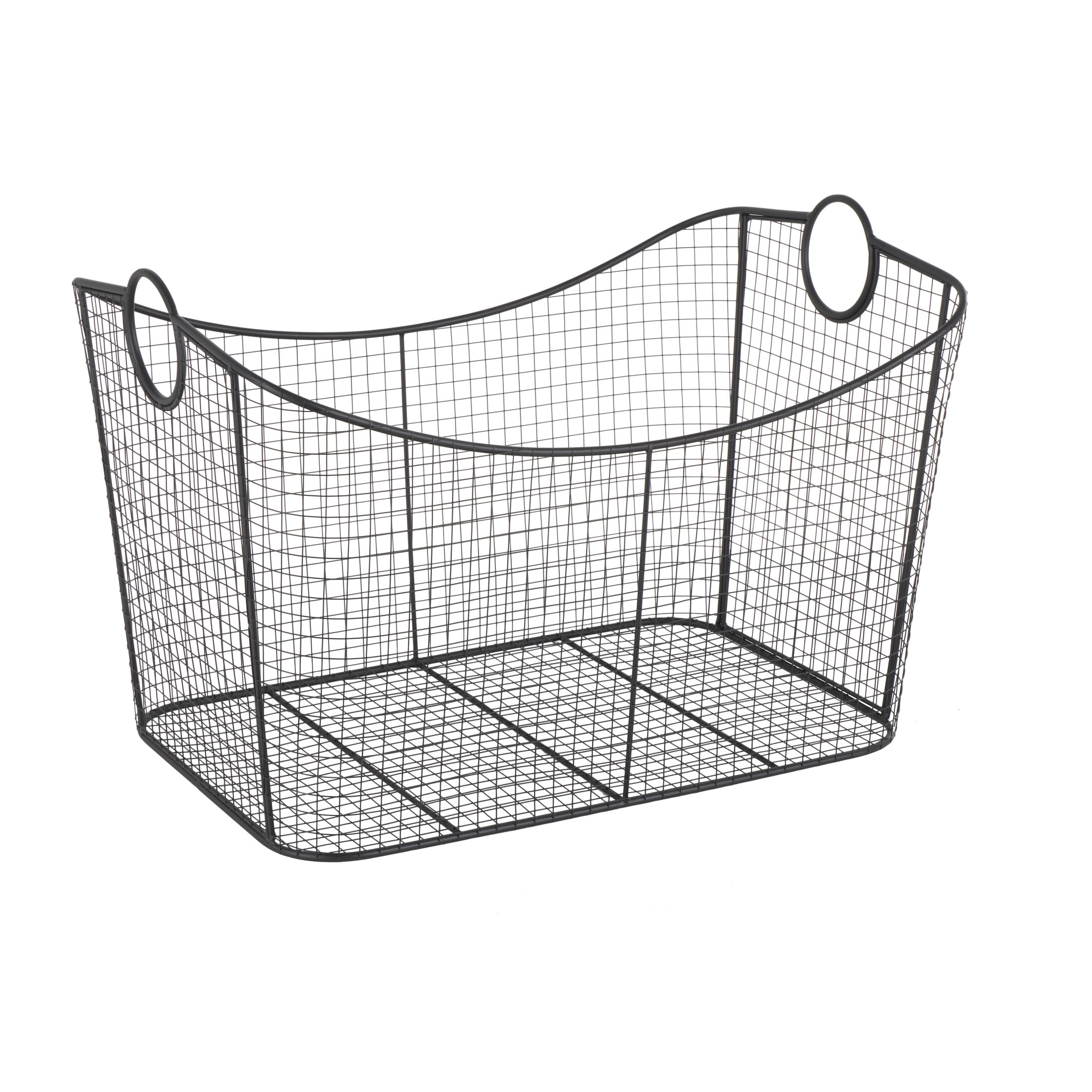DecMode 30" x 20" Black Metal Large Open Frame Wire Grid Storage Basket with Curved Sides and Ring Handles, 1-Piece