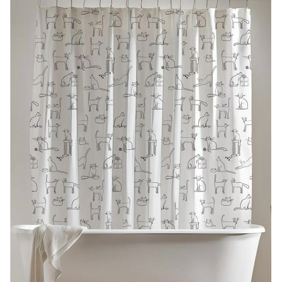 Shower Curtain, Cat-themed Black and White Cute Cat Illustrations, Black and White, Bold Decor, Eclectic Shower Curtain, Maximalist Home Aesthetic, 60x72in