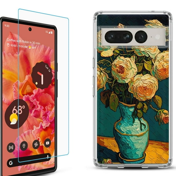 Shockproof Bumper Phone Case for Google Pixel 7, with Tempered Glass Screen Protector, by OneToughShield ® - Roses in a vase