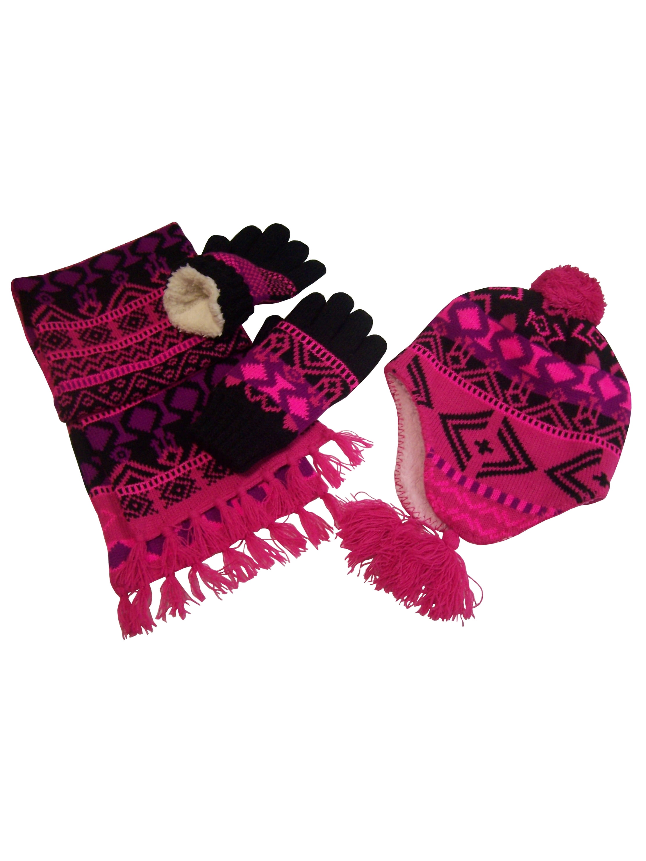 N'Ice Caps Big Girls Sherpa Lined Printed Hat/Scarf/Glove Knitted Accessory Set 