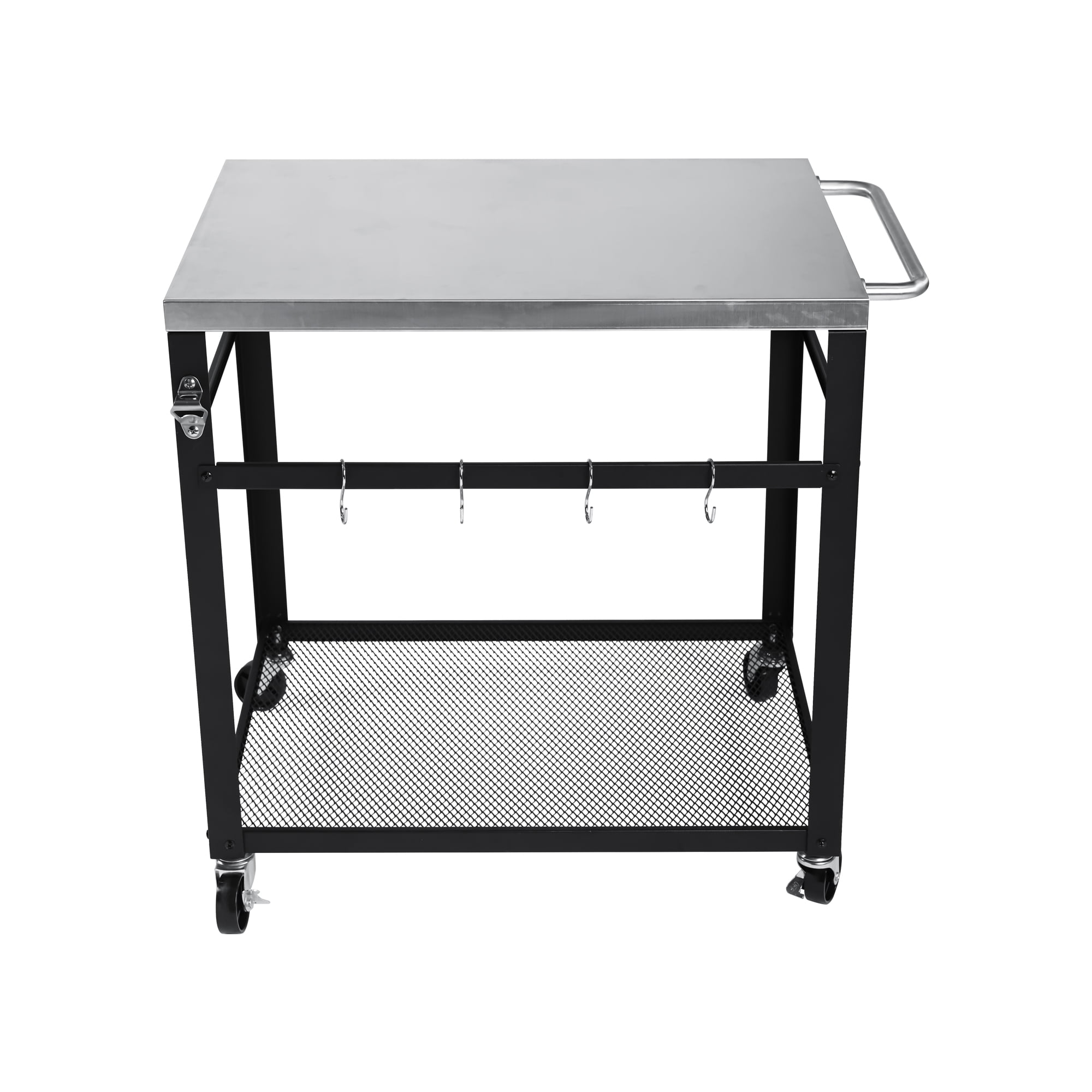 2-Tier Outdoor Grill Cart with Stainless Steel Top Locking Wheels Tool Hooks Movable BBQ Prep Table, Black