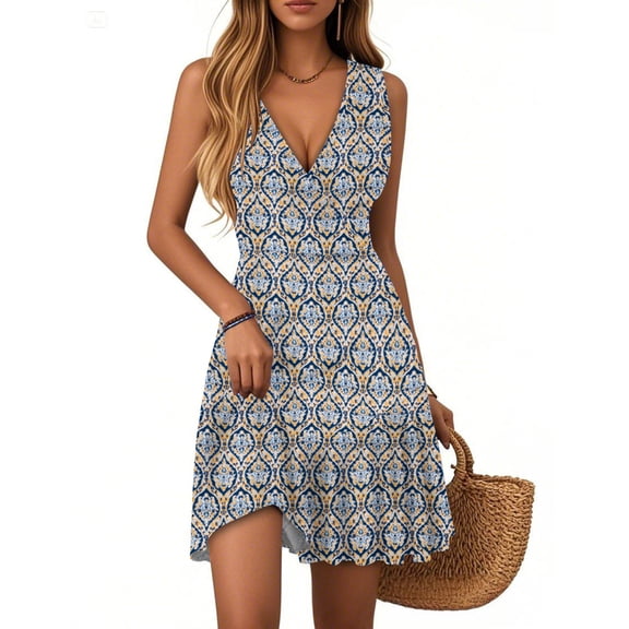 WTOBBY Women's Floral Print Pleated Hem Dress V-Neck Sleeveless Casual Summer Dress with Wrap Waist Design for Evening Outings and Dinner Dates,Dark GrayL