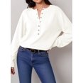 thumbnail image 5 of Women Henley Neck Half Button Drop Shoulder Loose Long Sleeve Knit Pullover Sweater Cream White XL, 5 of 9
