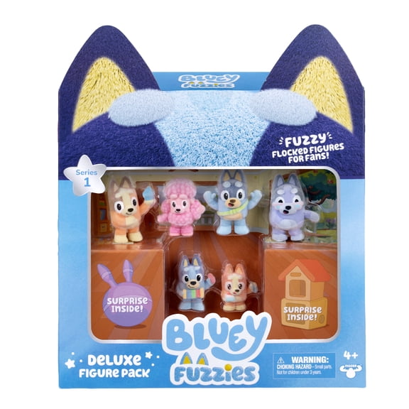 Bluey Fuzzies Deluxe Figure Pack. 6 Flocked Collectibles. Incl. 2 Surprise Figures (Blind Pack), Trading Card, and Collector's Guide. Ages 4