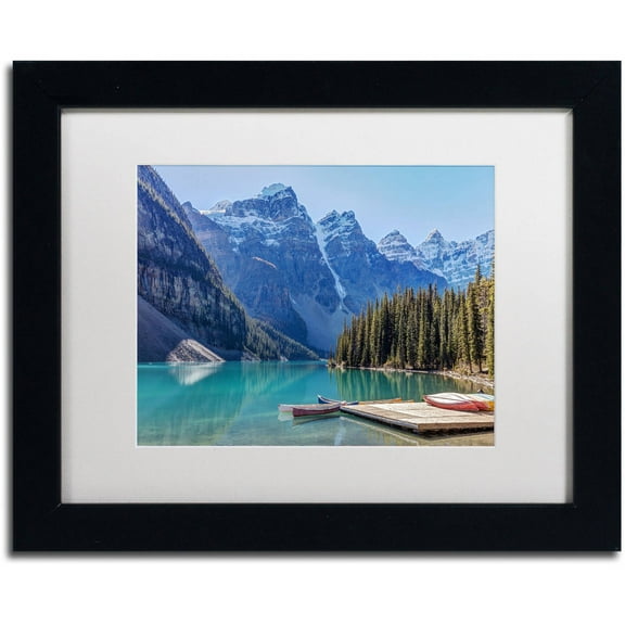 Trademark Fine Art 'Moraine Lake Canoes' Canvas Art by Pierre Leclerc, White Matte, Black Frame