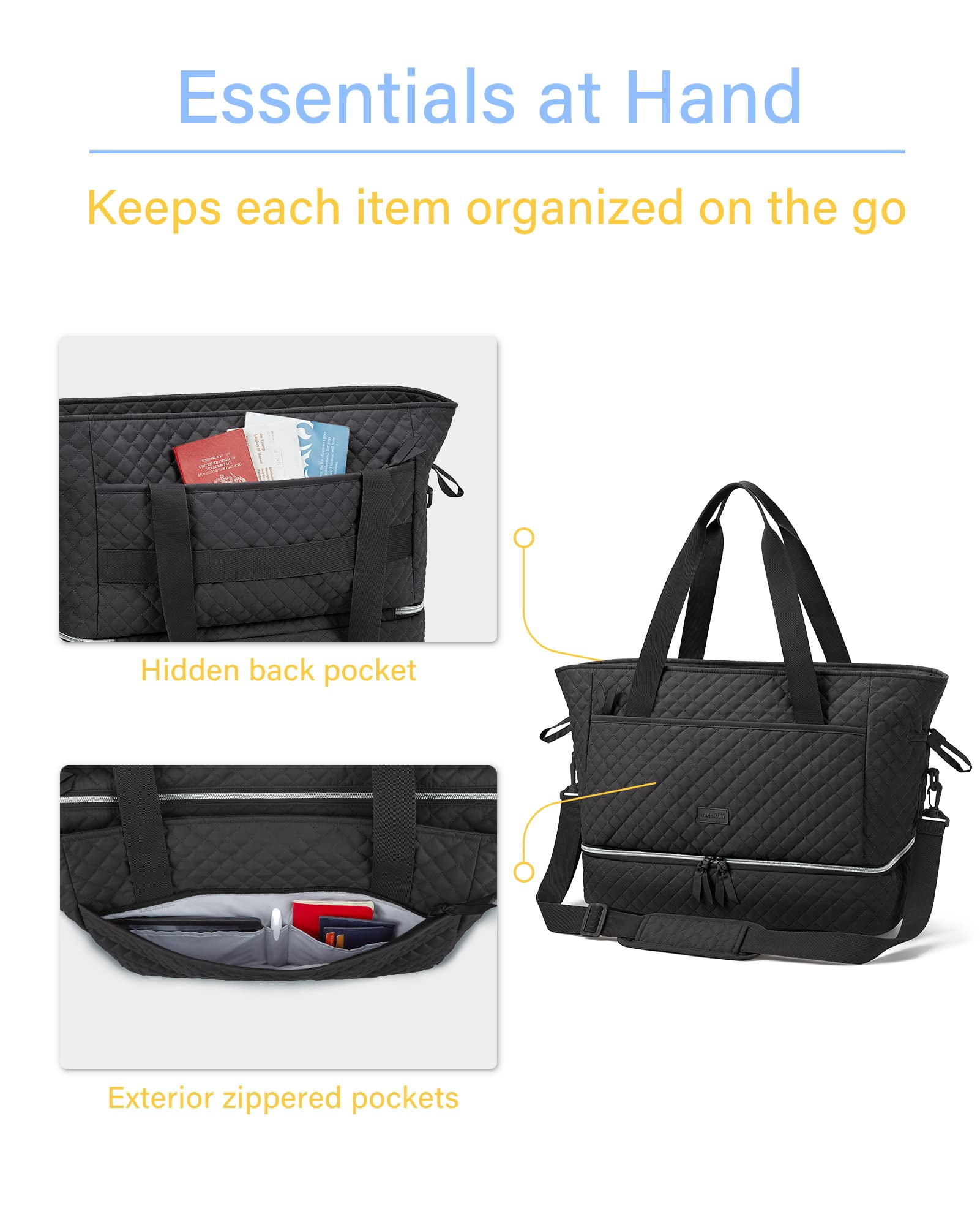 BAGSMART Weekender Overnight Bag, 39L Large Travel Duffle Tote Bag, Fashion Carry On Gym Bag Water-Resistant Shoulder Handbags with Shoe Compartment, Black