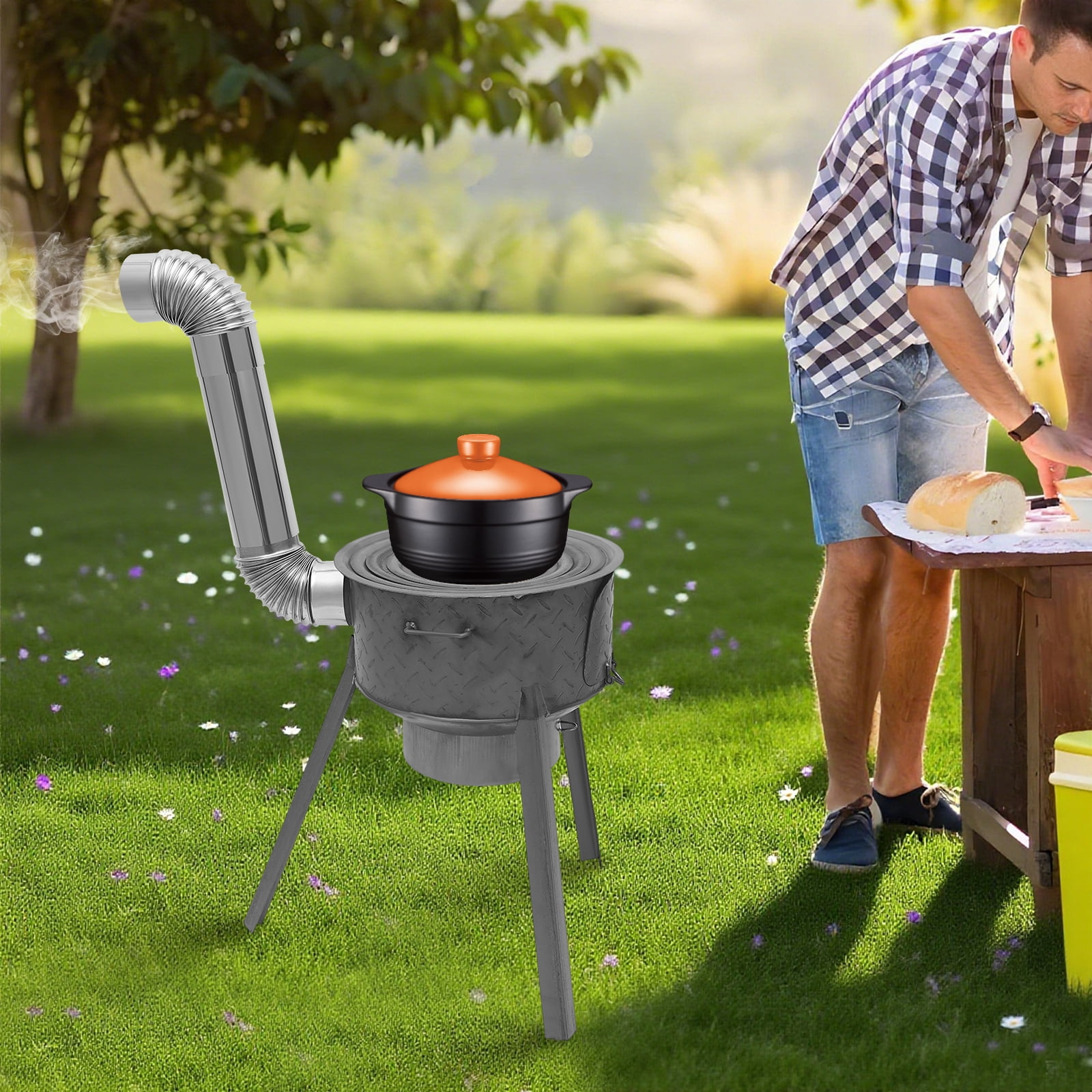 Wood Burning Stove with Grill Grate and 3 Wok Rings, Multifunction Charcoal Grill for 25-45cm/9.84-17.72in Diameter Cookware, Camping Wood Stove for Indoor/Outdoor, Camping, Picnic