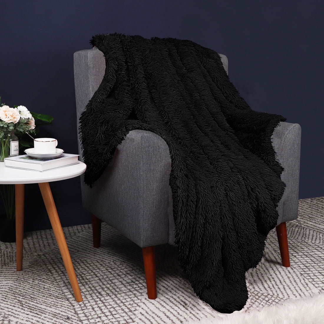 Unique Bargains Shaggy Faux Fur Soft Sherpa Blanket Black Throw(50" x 60")