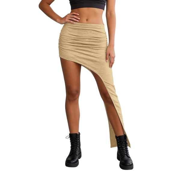Women's Y2K Sexy Asymmetric Ruched Mini Skirt, Bodycon High Slit Irregular Hem Skirt, Summer Trendy Gathered Stretchy Party Club Skirt