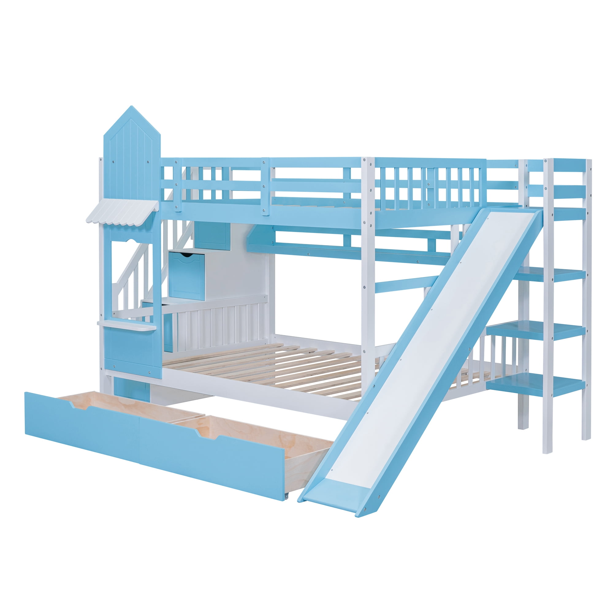Full over Full Bunk Bed for Kids, Castle Style Bunk Beds with 2 Drawers, Slide and Storage Shelves, Solid Wood Bunk Bed Frame for Kids Girls Boys Teens