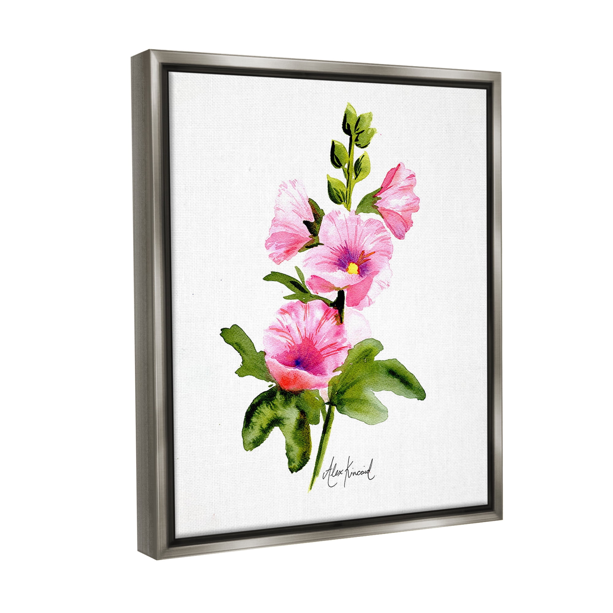 Stupell Industries Pink Hollyhock Blooms Botanical & Floral Painting Gray Floater Framed Canvas Art Print Wall Art, 17 x 21