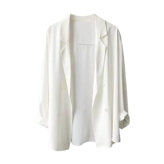 PiGOGI Women's Elegant Long Sleeve Turn Down Collar Casual Blazer Coat Open Front Lightweight Jacket for office Work Party White XL