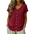 thumbnail image 4 of Women's Blouses Breathable Casual Cotton Linen Tops Crew Neck Short Sleeve Button Down Tee Summer Shirts Red XXL, 4 of 8