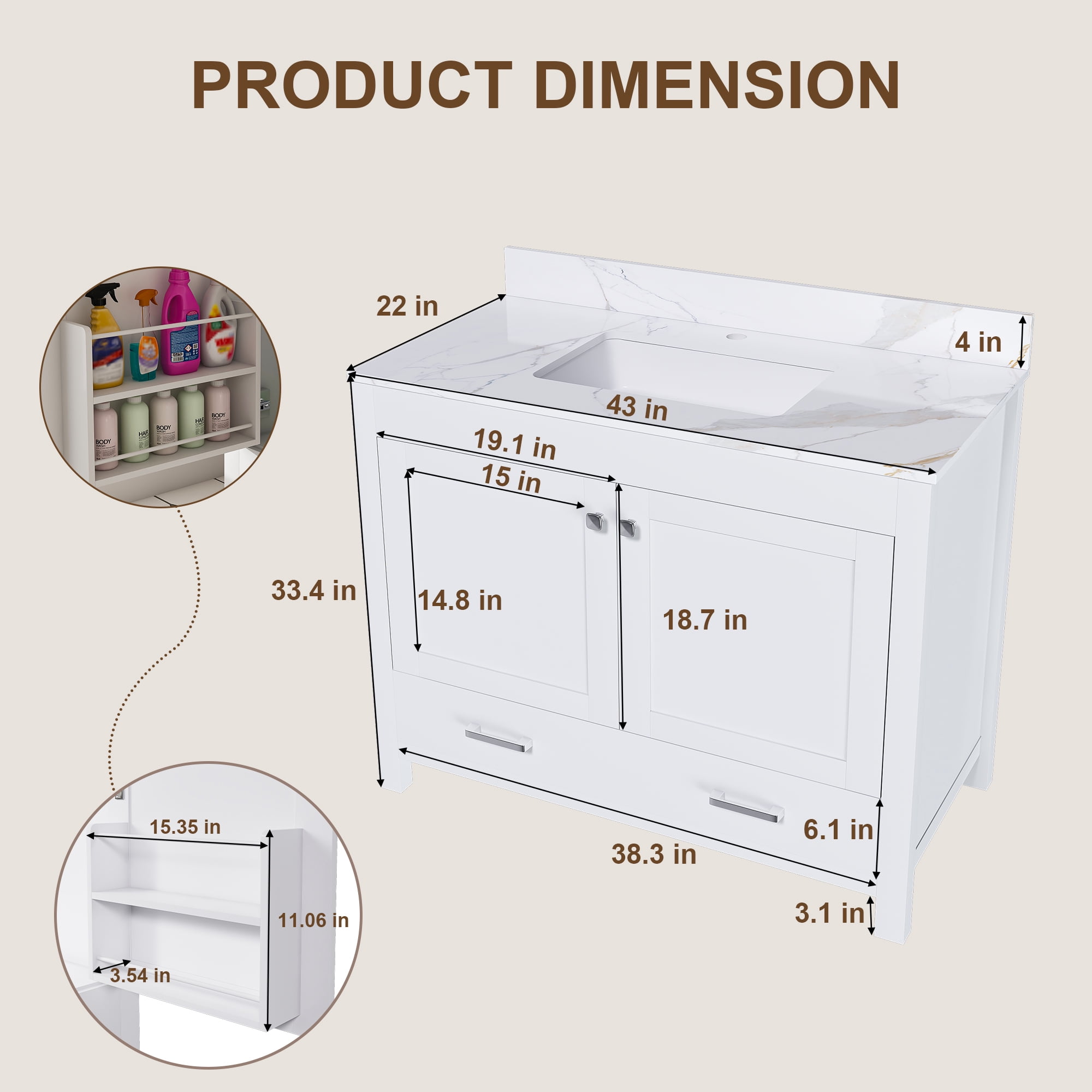 Mintazer 43 Inch Bathroom Vanity Cabinet with Sink, Bathroom Storage Vanity with Drawer & 3‑Hole Ceramic Sink Sintered Stone Countertop, Backsplash for Bathroom, White