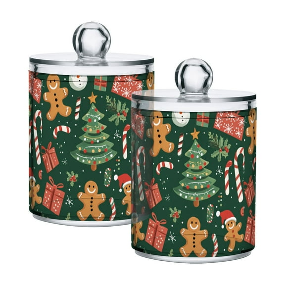 Yayeee 2 Pack Qtip Holder Bathroom Cotton Swab Canister with Lid Clear Dispenser Set, Brown Christmas Gingerbread