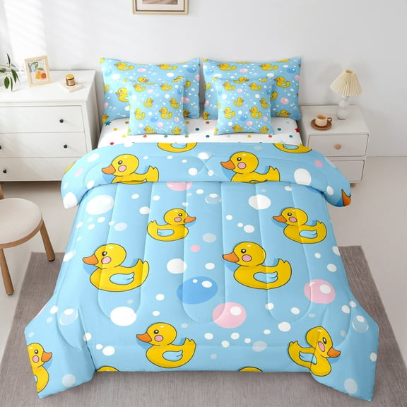 jejeloiu Lovely Duck 7-Piece Twin Bedding Sets,Cute Balloon Bedding Comforter Set,Yellow Blue Sheet Sets For Kids Teens,Super Cozy Room Decor Reversible