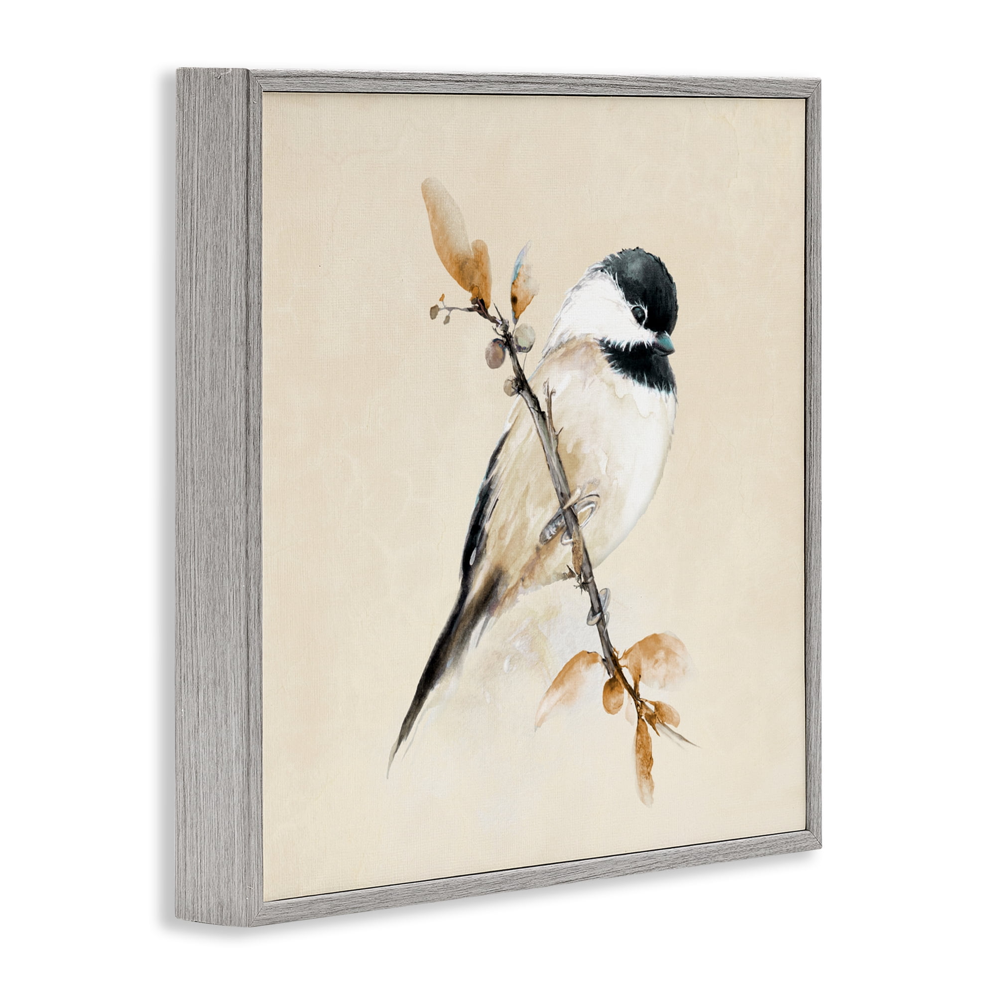 Stupell Industries Muted Watercolor Chickadee Gray Framed Giclee Art, design by Diannart