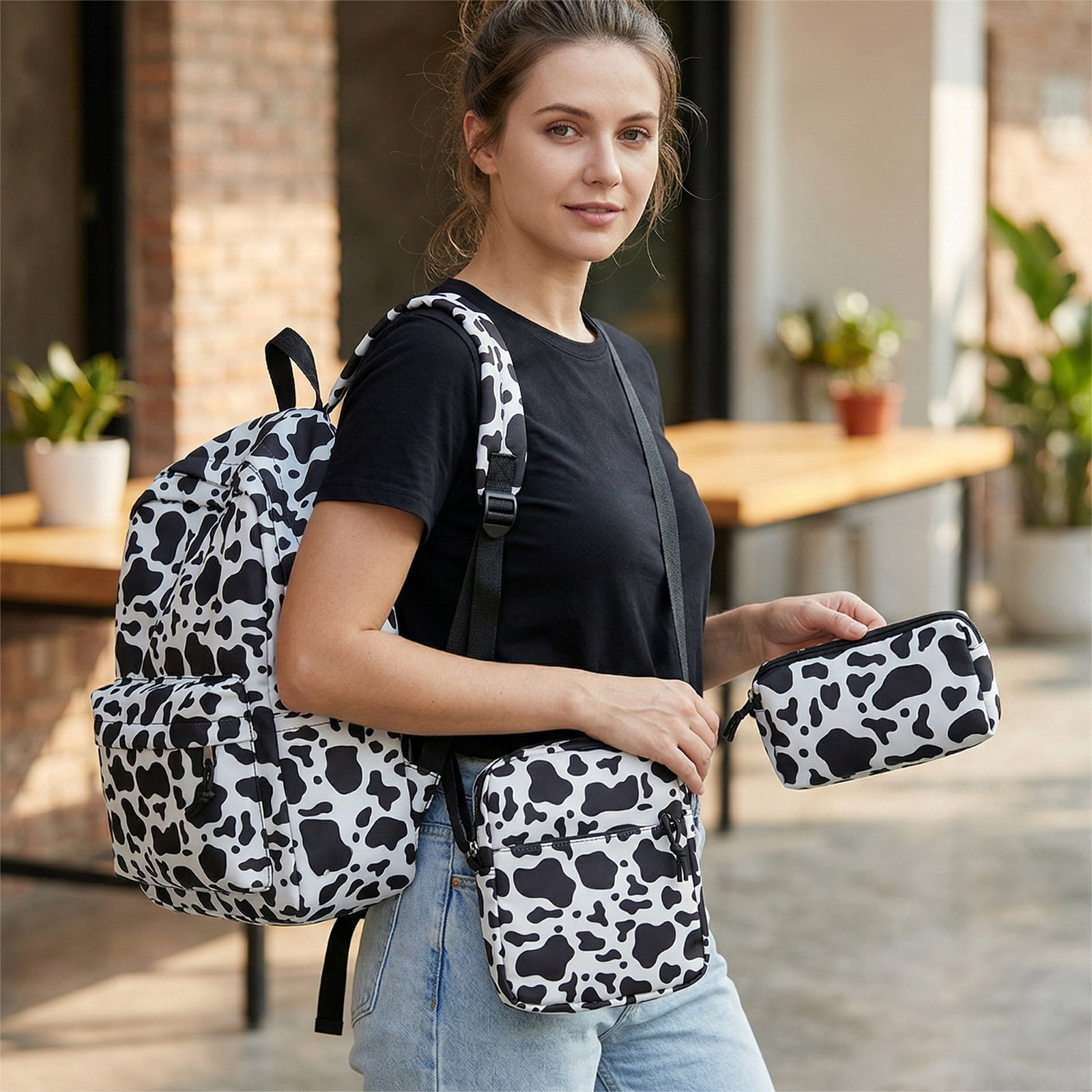 HUISZJ 3-In-1 School Backpack Set, Large Capacity School Backpack with Lunch Box, Versatile School Bag for Student College, Cow Print