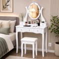 thumbnail image 2 of Makeup Vanity Table Set with 360° Rotatable Oval Mirror, 5 Drawers, Dressing Table with Padded Stool for Bedroom,White, 2 of 8