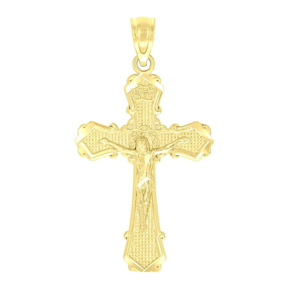 10k Yellow Gold Unisex Textured Crucifix Cross Religious Charm Pendant Pendant Necklace for Men Women