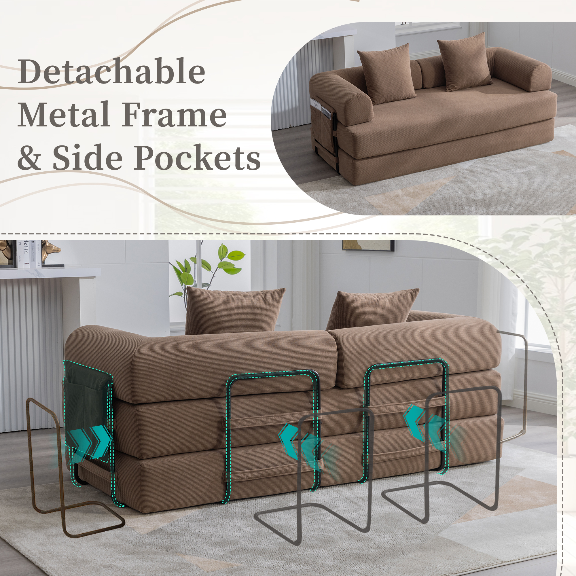MOONMISS Corduroy Upholstered Modern Comfort Foldable Compressible Sofa Bed with Sturdy Metal Frame-Brown