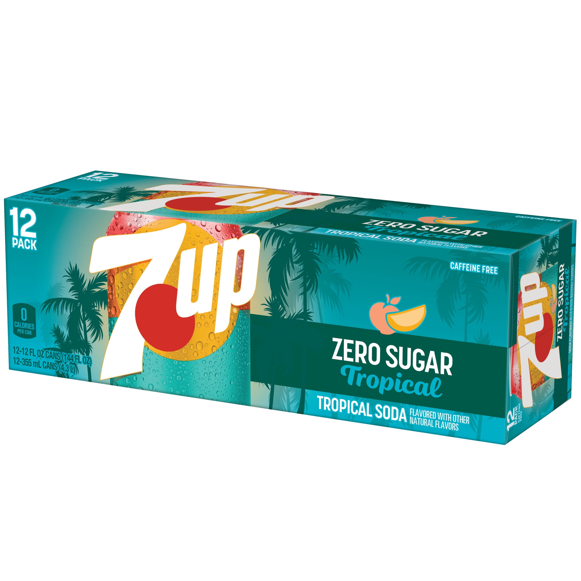 7UP Tropical Zero Sugar Caffeine Free Lemon Lime Mango Peach Soda Pop, 12 fl oz, 12 Pack Cans