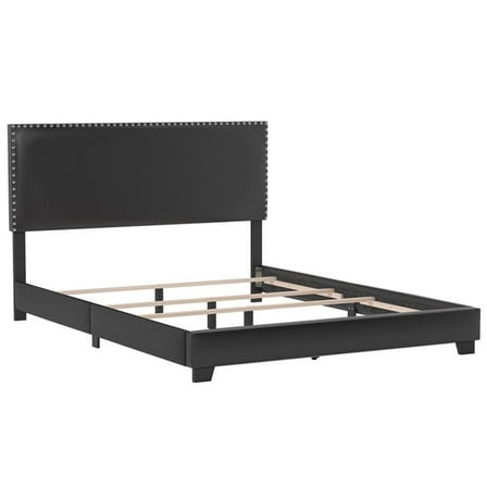 Bowery Hill Nail Head Trim Upholstered Queen Bed Black Faux Leather