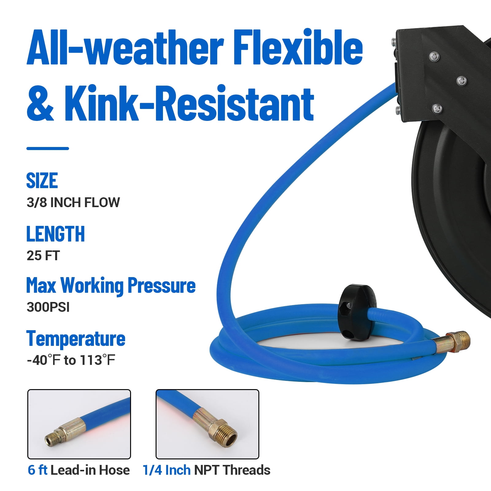 M optimized Retractable Air Hose Reel - Strong Hybrid Hose, Effortless Auto Rewind, 180° Mount Bracket, Durable Construction Ceiling/Wall Mount Heavy Duty Double Arm Steel Reel
