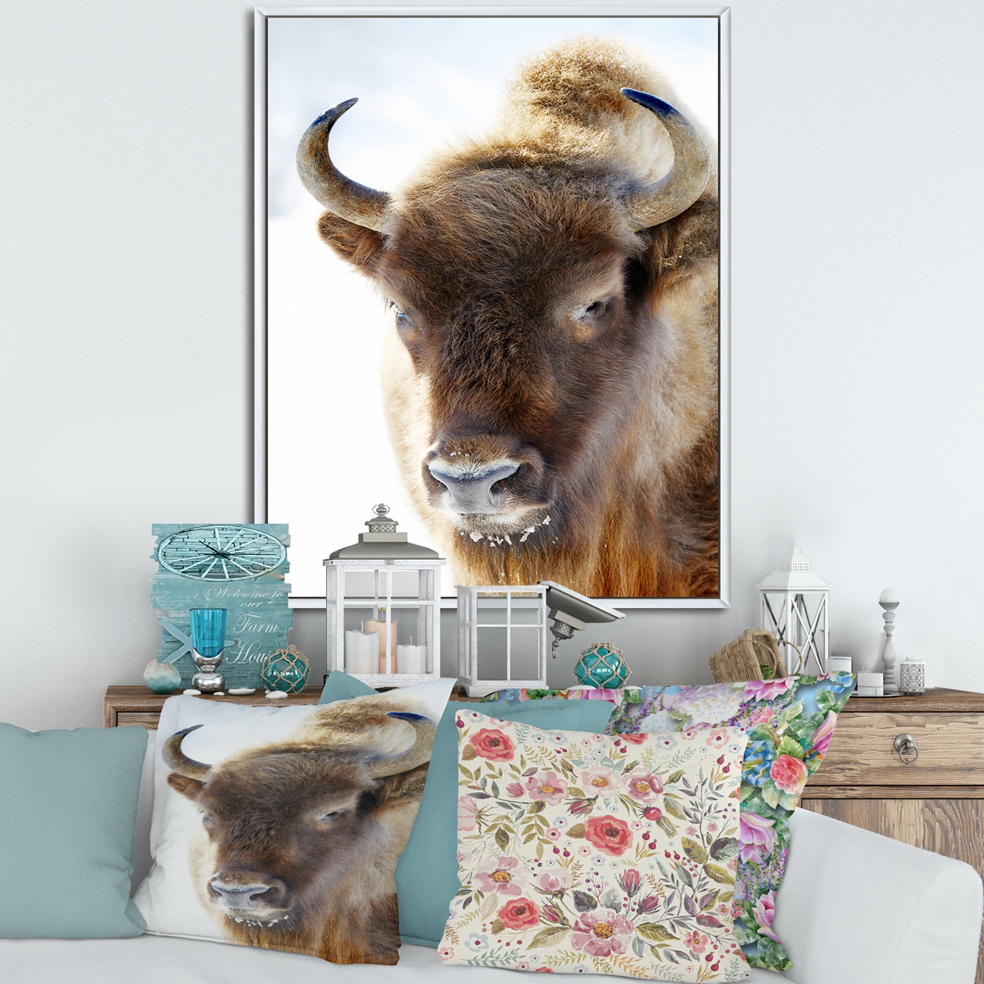 Designart 'Close UP Of Wild Bison' Farmhouse Framed Canvas Wall Art Print