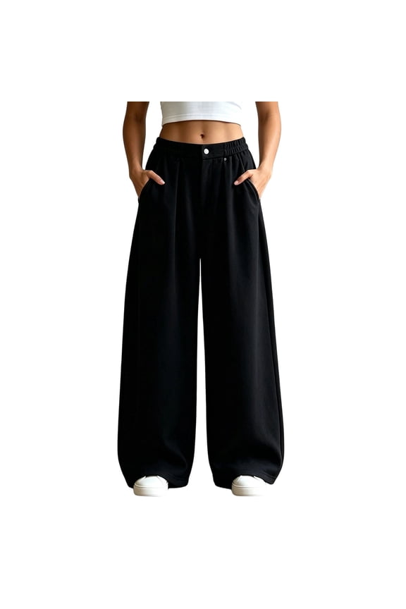 Women's Loose Streetwear Sweatpants Draped Wide Leg Floor Length Joggers with Pockets Solid Color Elastic Waist Pleated Track Pants