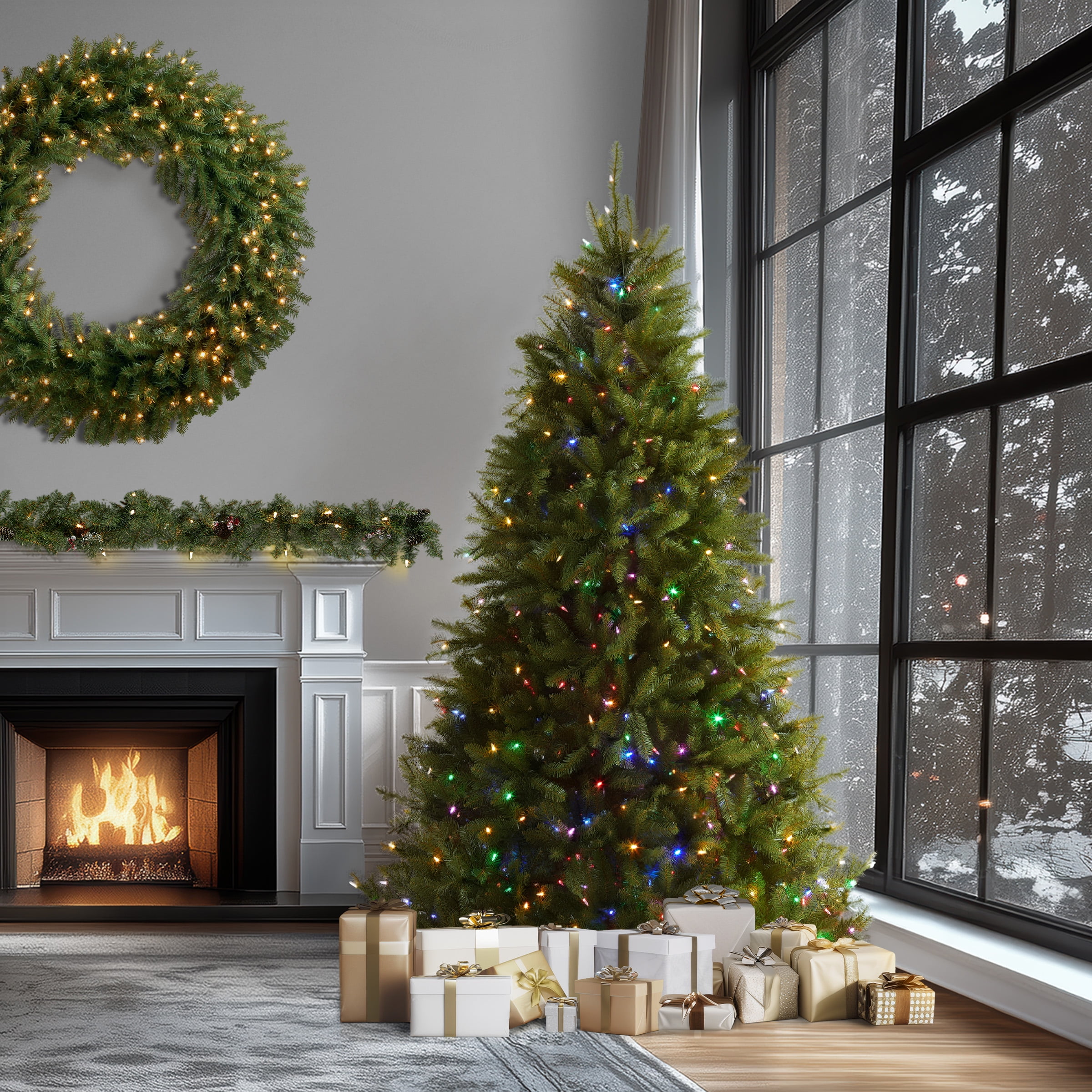 National Tree Company 9 ft Pre-Lit Dunhill Fir Artificial Christmas Tree, 900 LED Lights, 4,029 Tips, PowerConnect, Foot Pedal, 10 Light Functions, Includes Stand, Green