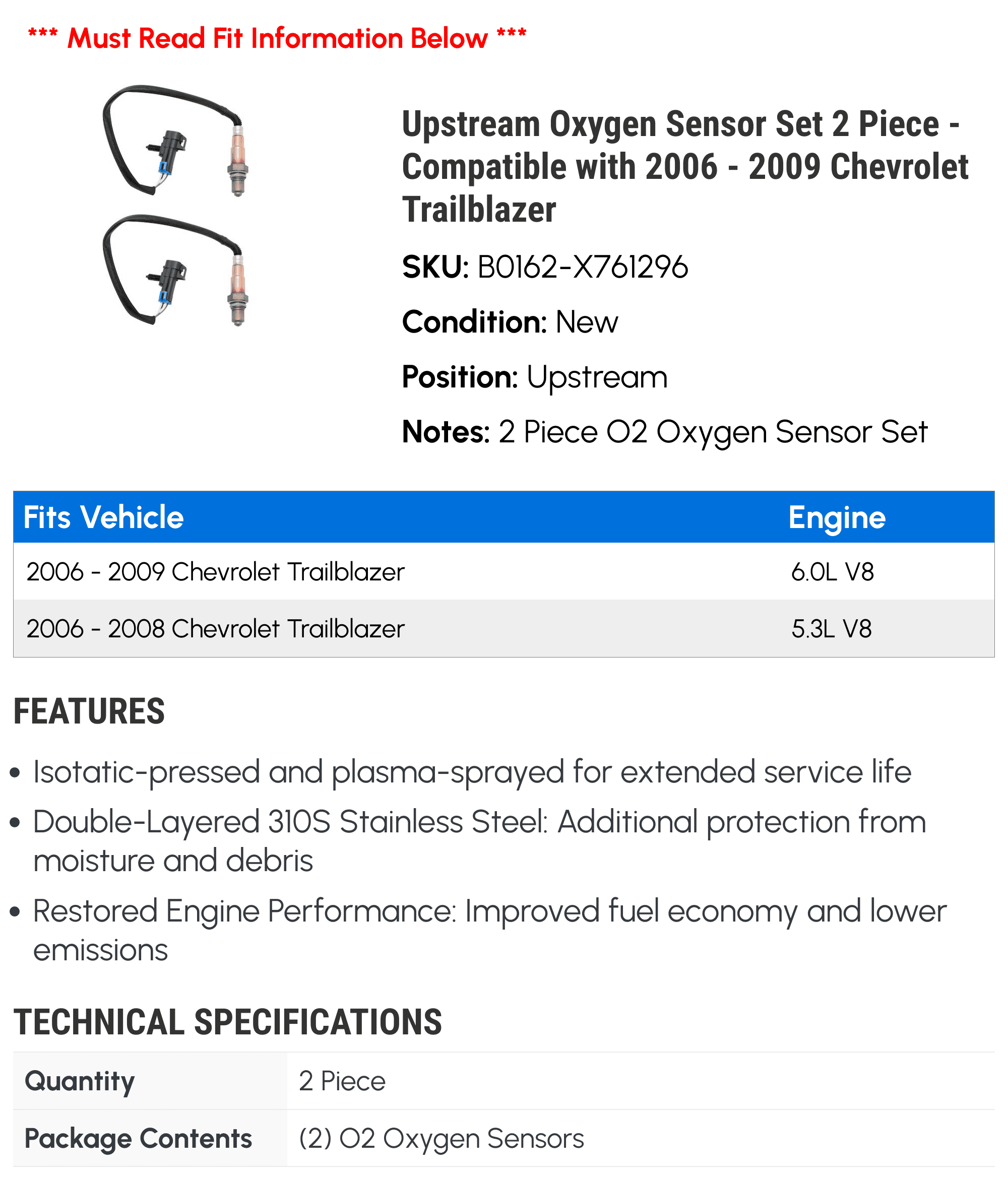 Upstream Oxygen Sensor Set 2 Piece - Compatible with 2006 - 2009 Chevy Trailblazer 2007 2008