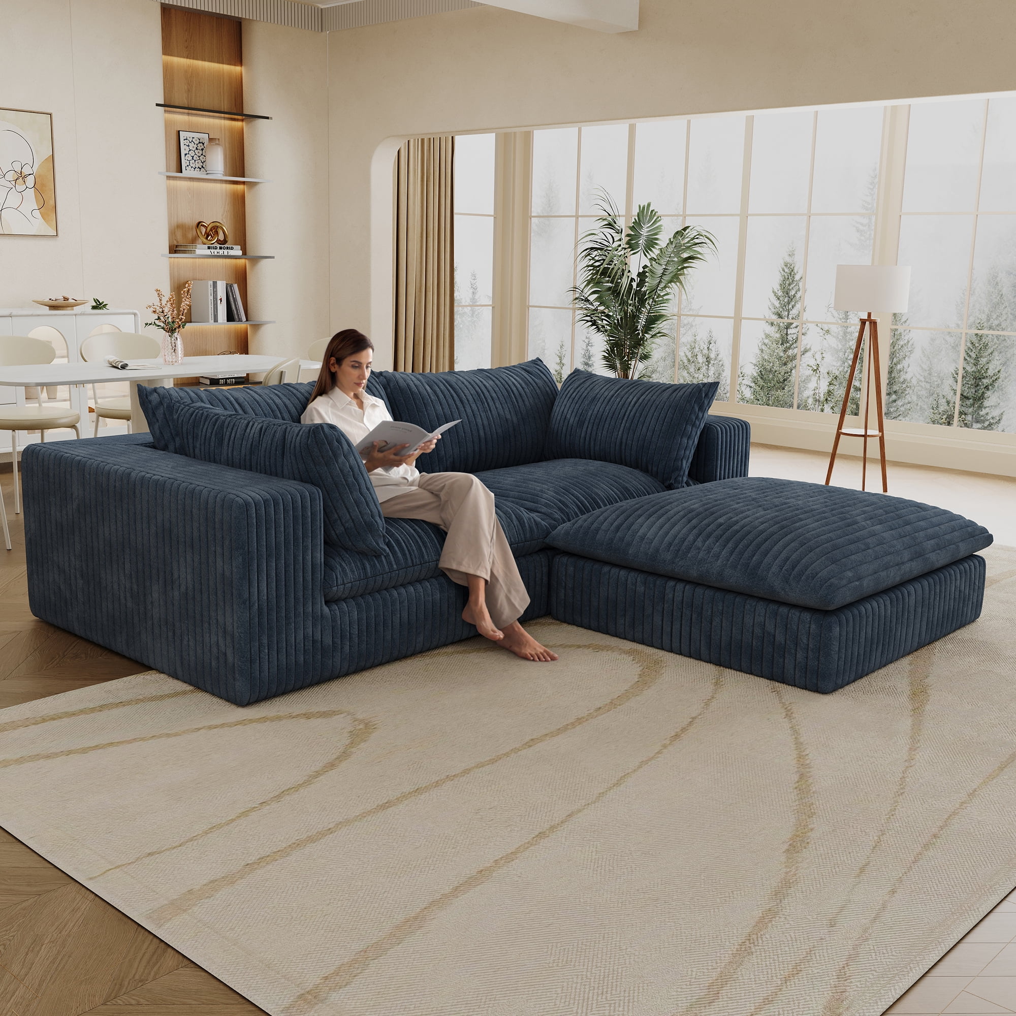 MAYEERTY 78.8" Cloud Sofa Blue Corduroy Fabric Deep Seat Double-Layer Design Removable Cushion No Assembly DIY Combination for Multi-Rooms