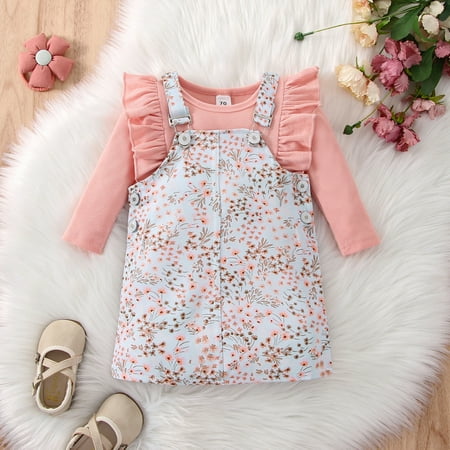 

Hunpta Children Girls Winter Long Sleeve Ribbed Tops Flower Suspender Dress Set 2PCS Outfits Clothes Set For Kids