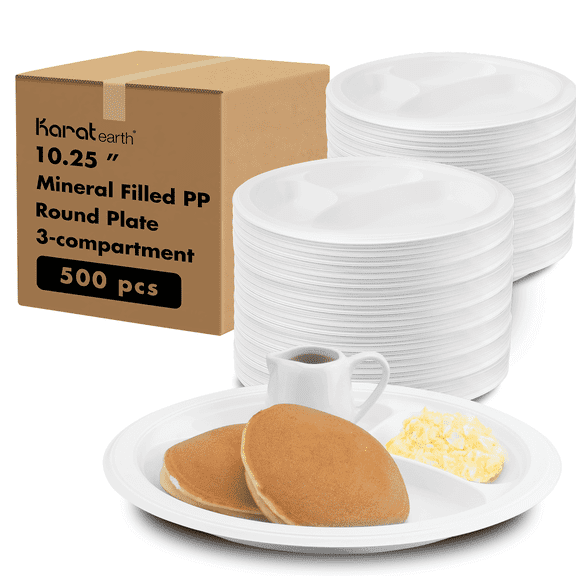 Karat Earth 10 Inch Eco-Friendly Plastic Plates [3 Compartment - 500 pcs], White Mineral-Filled PP - Reduces Plastic Use
