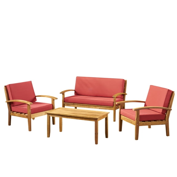 Preston 4 Piece Outdoor Wooden Chat Set with Cushions, Red