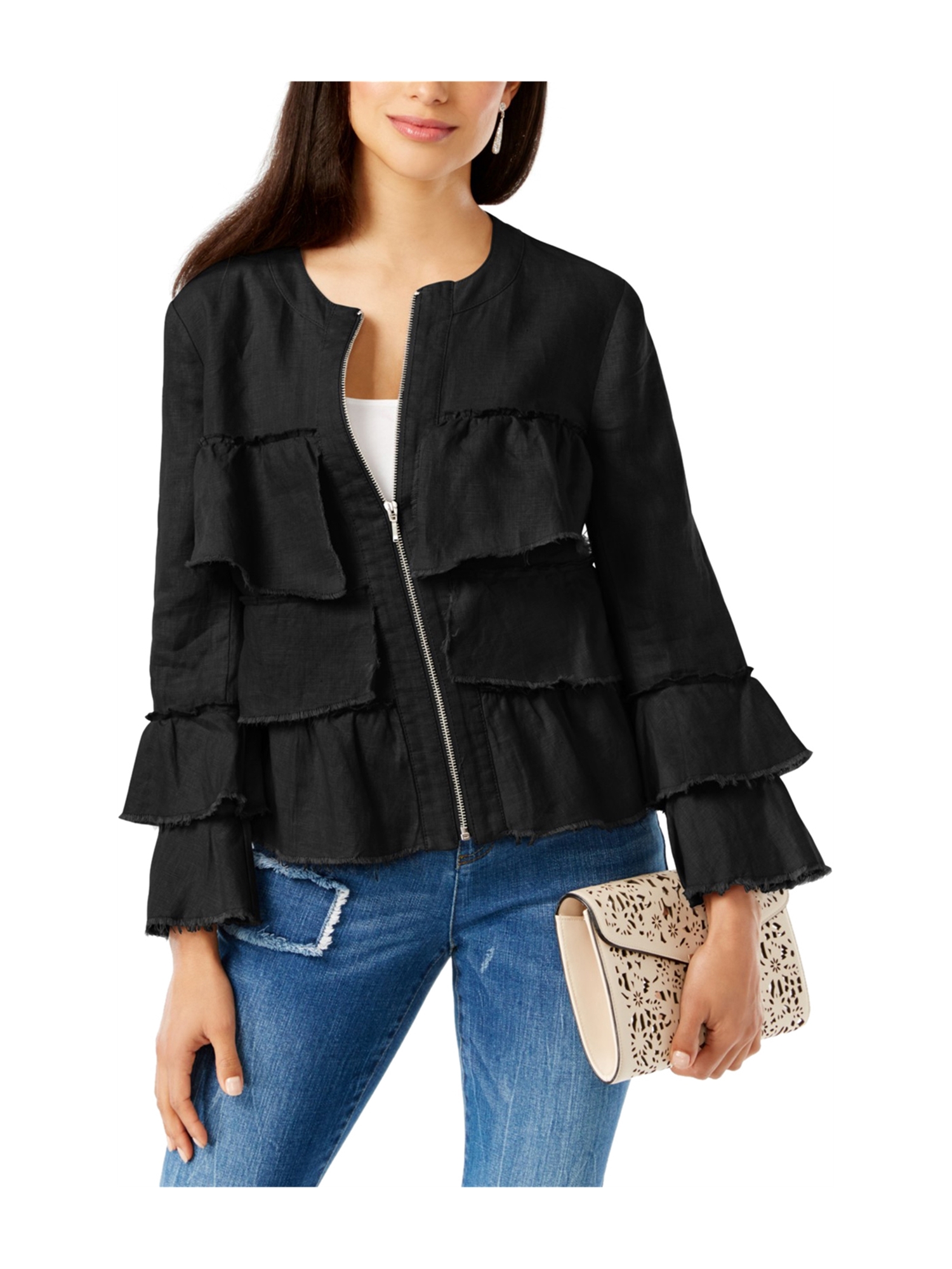 Womens Linen Ruffled Jacket deepblack S 