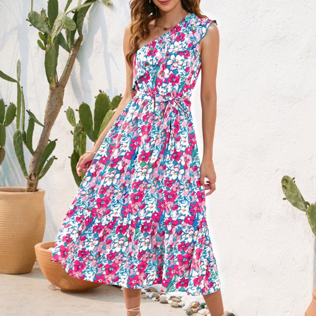 Vestido De Un Hombro Vestido casual de fiesta en la playa Vestido de cóctel elegante asimétrico Traje de verano para mujer Ygjytge para Mujer Azul T S