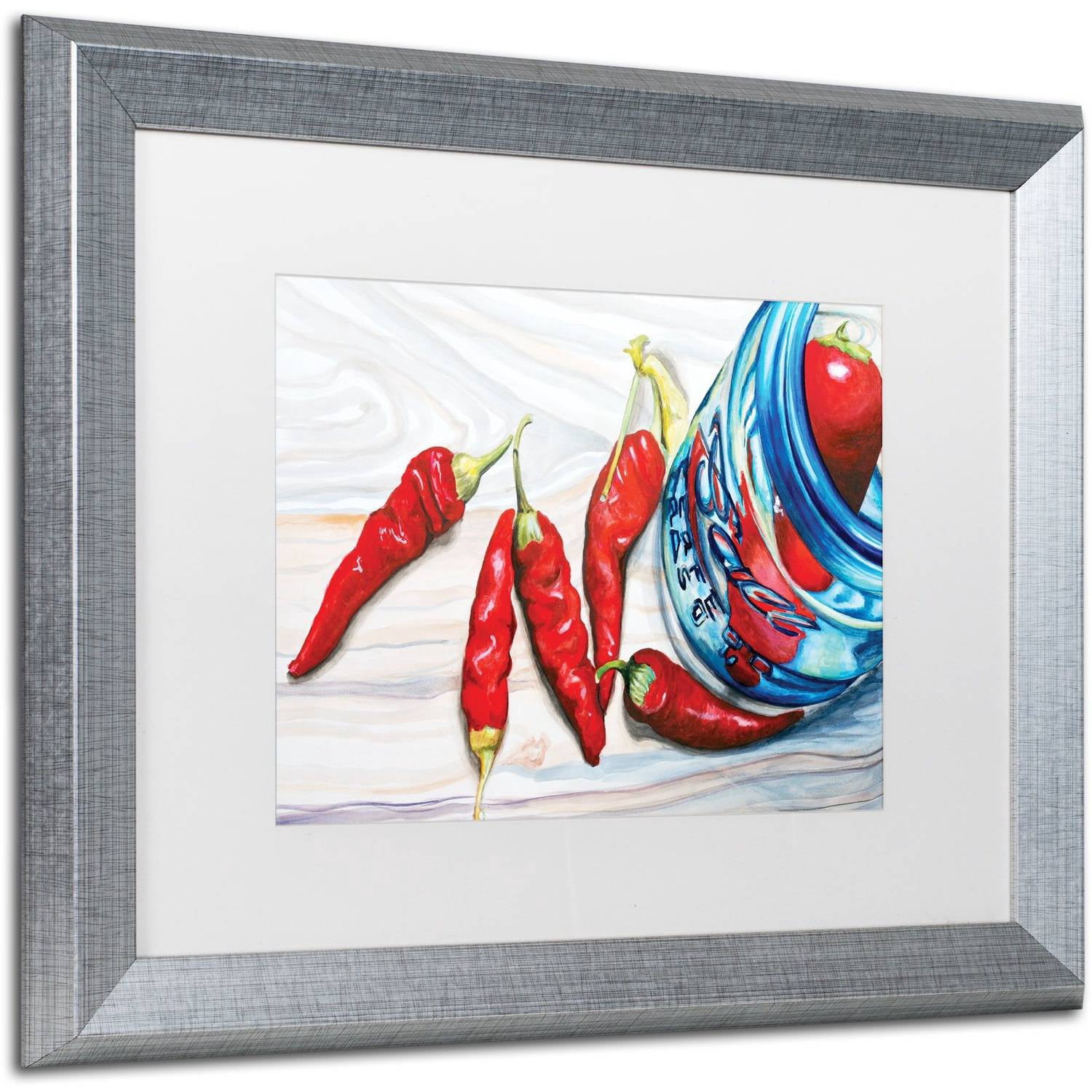 Trademark Fine Art "Ball Jar with 3 Peppers" Canvas Art by Jennifer Redstreake White Matte, Silver Frame