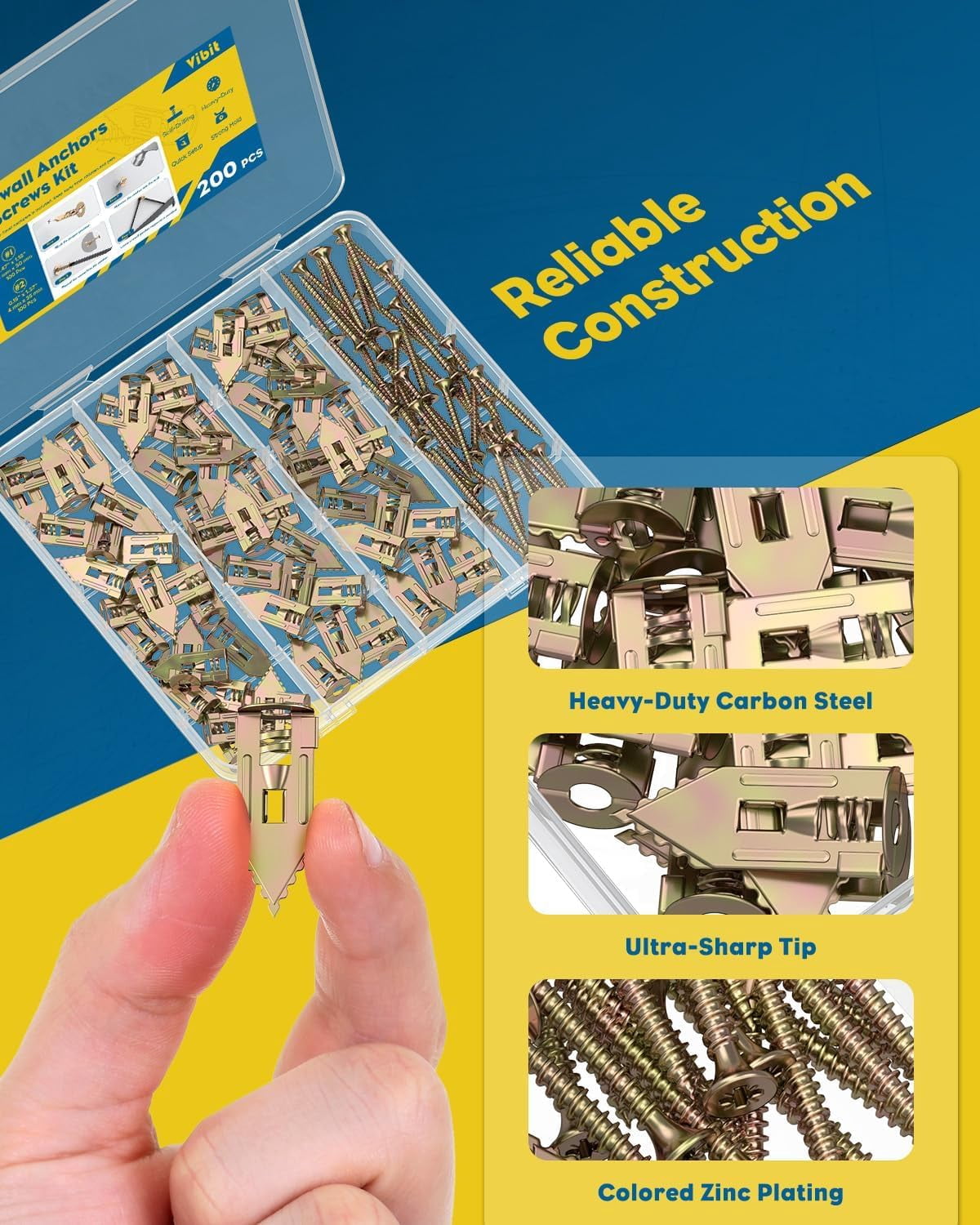 Self Drilling Drywall Anchors, Heavy Duty Wall Anchors for Drywall, Metal Dry Wall Anchors and Screws Kit, Carbon Steel Sheetrock Anchors with #6 x 1 3/8" Screws, Picture Hanging Kit, 50 Pcs
