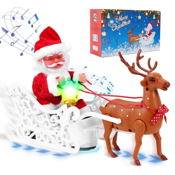 Animated Santa Sleigh and Reindeer Toy with Music, Singing Christmas Animatronics Decoration Walking Reindeer Pulling Sleigh for Holiday Decor