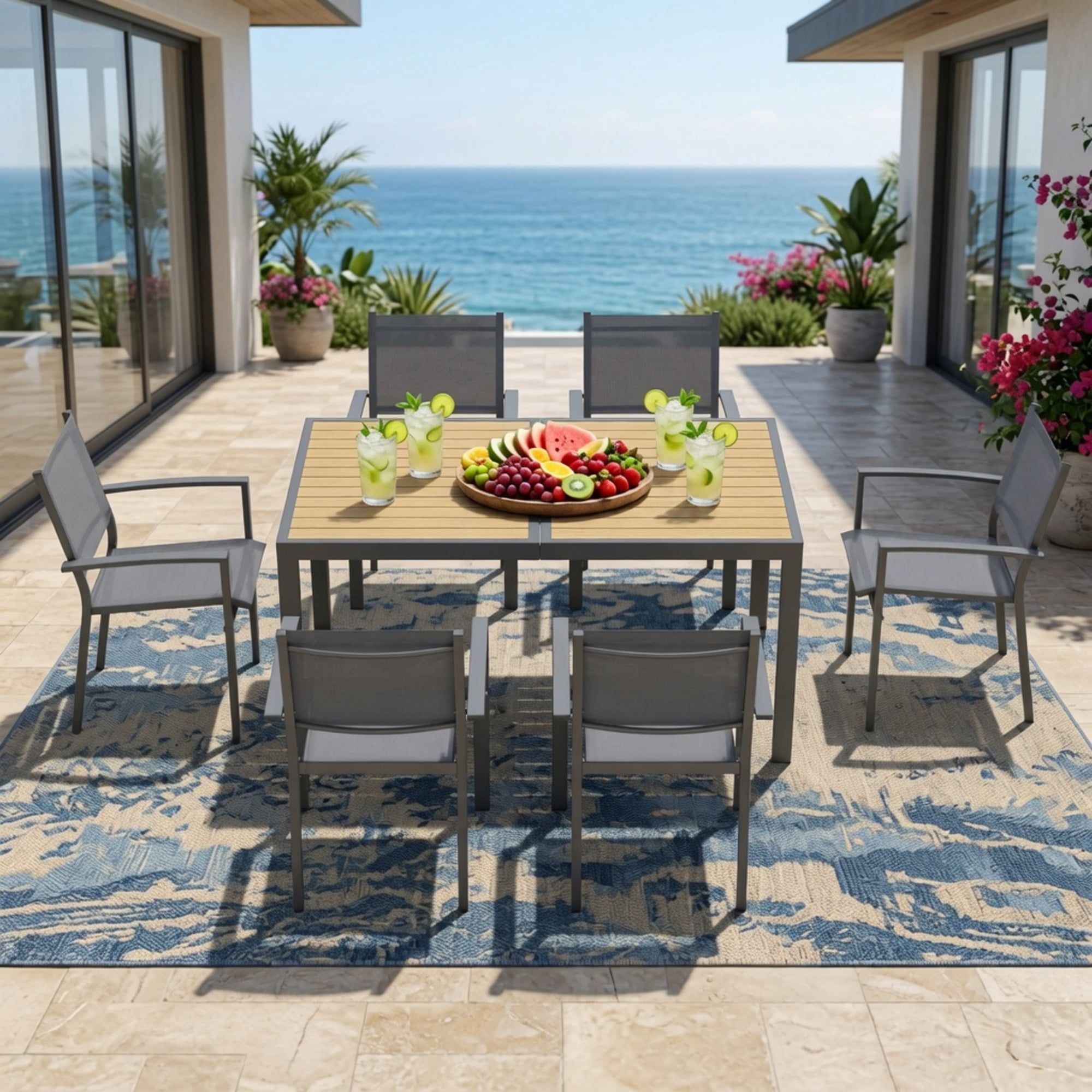 Outdoor Patio Dining Table 59x35x28.7 Inch Grey HDPS Tabletop Aluminum Frame All-Weather for Garden Deck