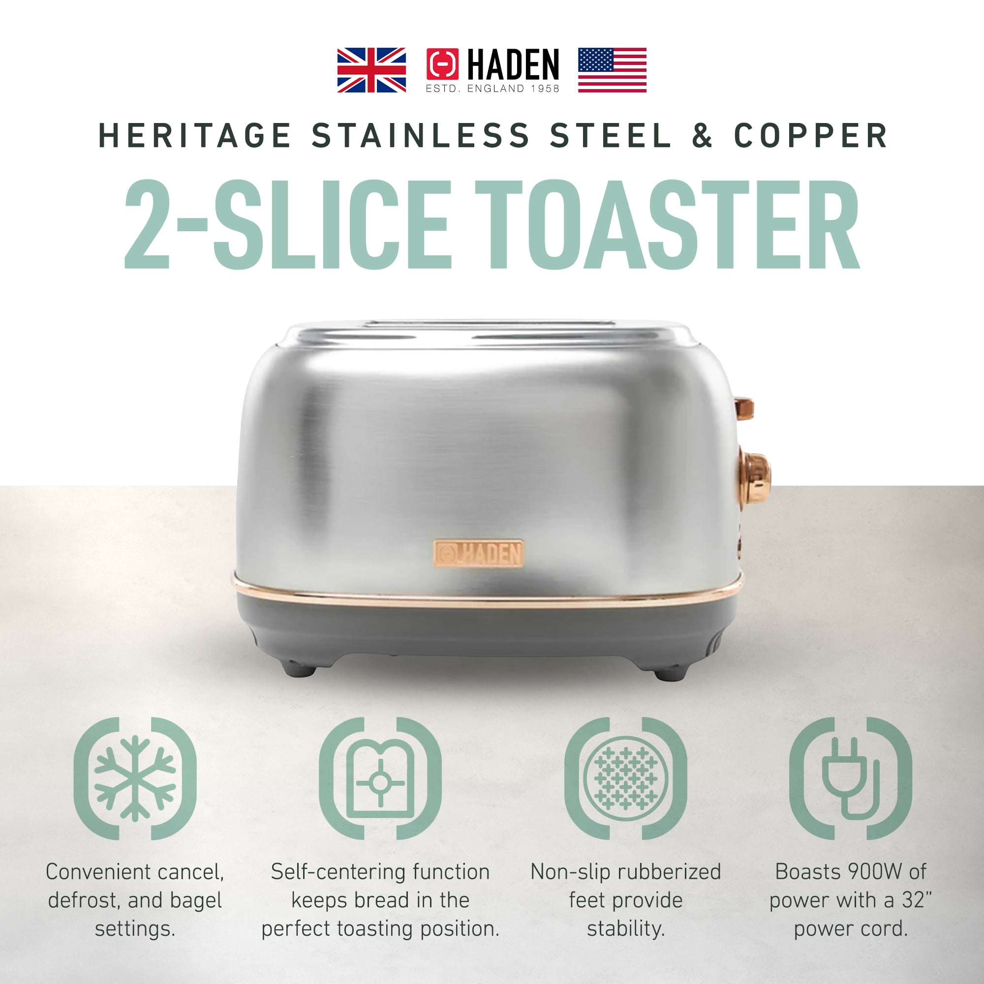 Open Box Haden 2 Slice Wide Slot Toaster w/Removable Crumb Tray, Steel/Copper