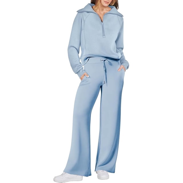 Women 2 Piece Outfits Sweatsuit Set 2023 Fall Oversized Half Zip Sweatshirt Wide Leg Sweatpant Lounge Set Tracksuit