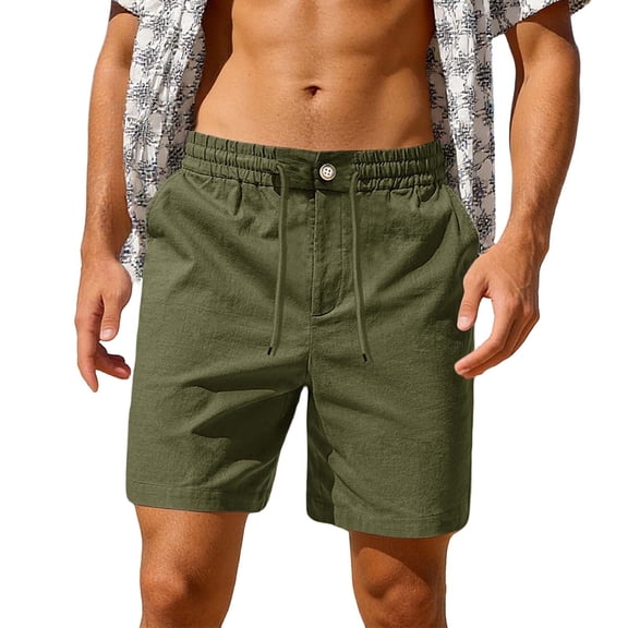 XIAONU Men's Solid Linen-Blend Short Relaxed Fit High Waisted Drawstring Mid Thigh Short Breathable Lightweight Beach Shorts