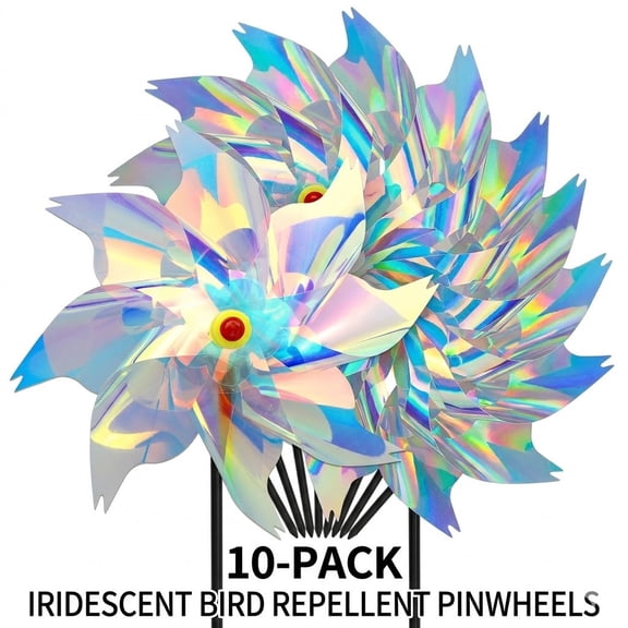 10PCS Reflective Bird Deterrent Wind Spinner for Garden, 360° Rotating Rainbow Pinwheel, Outdoor Yard Lawn Hanging Bird Repellent Decoration