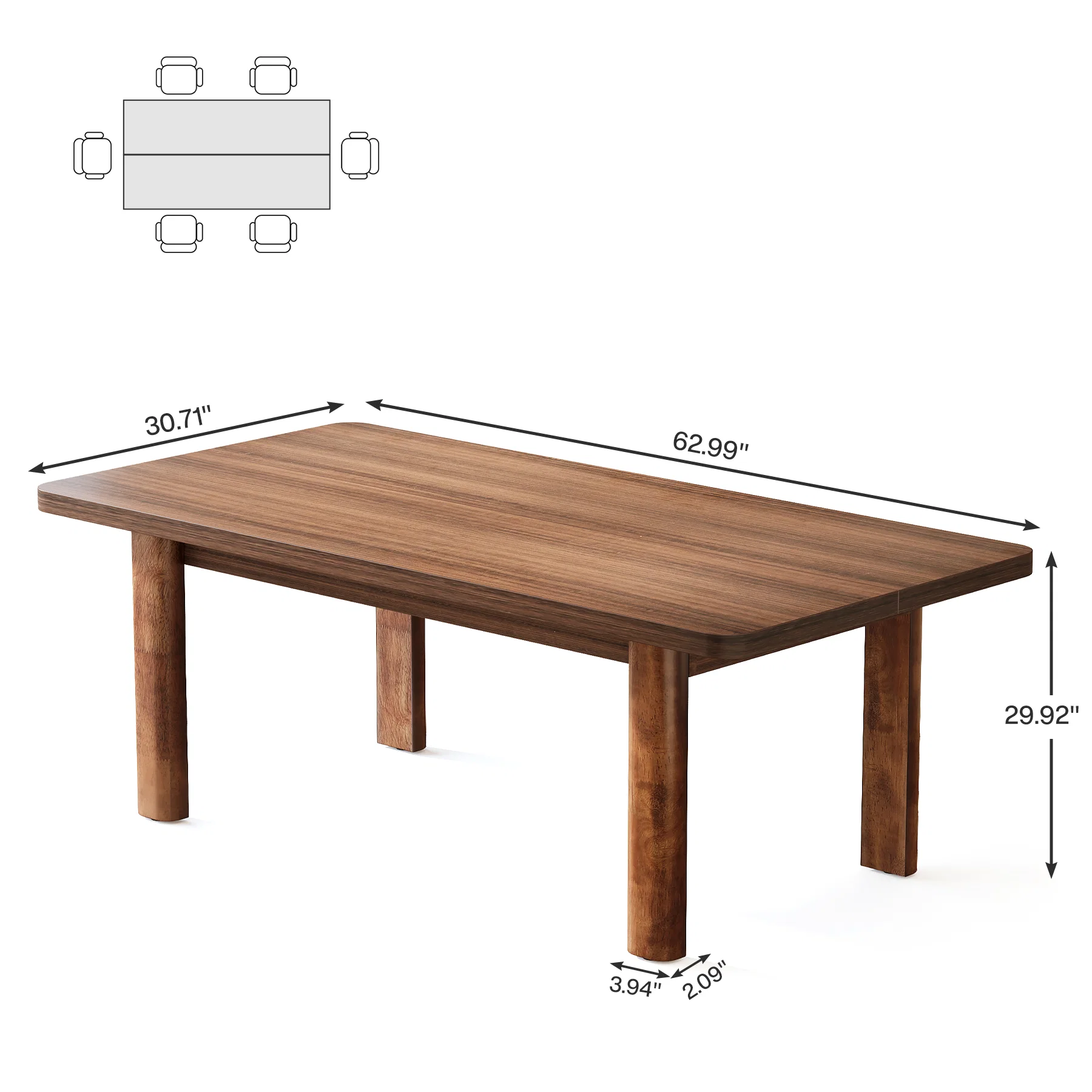Hommoo 63 Inch Rustic Farmhouse Dining Table for 4-6 People, Solid Wood Legs, MDF Top, Versatile Kitchen & Home Office Table, Brown